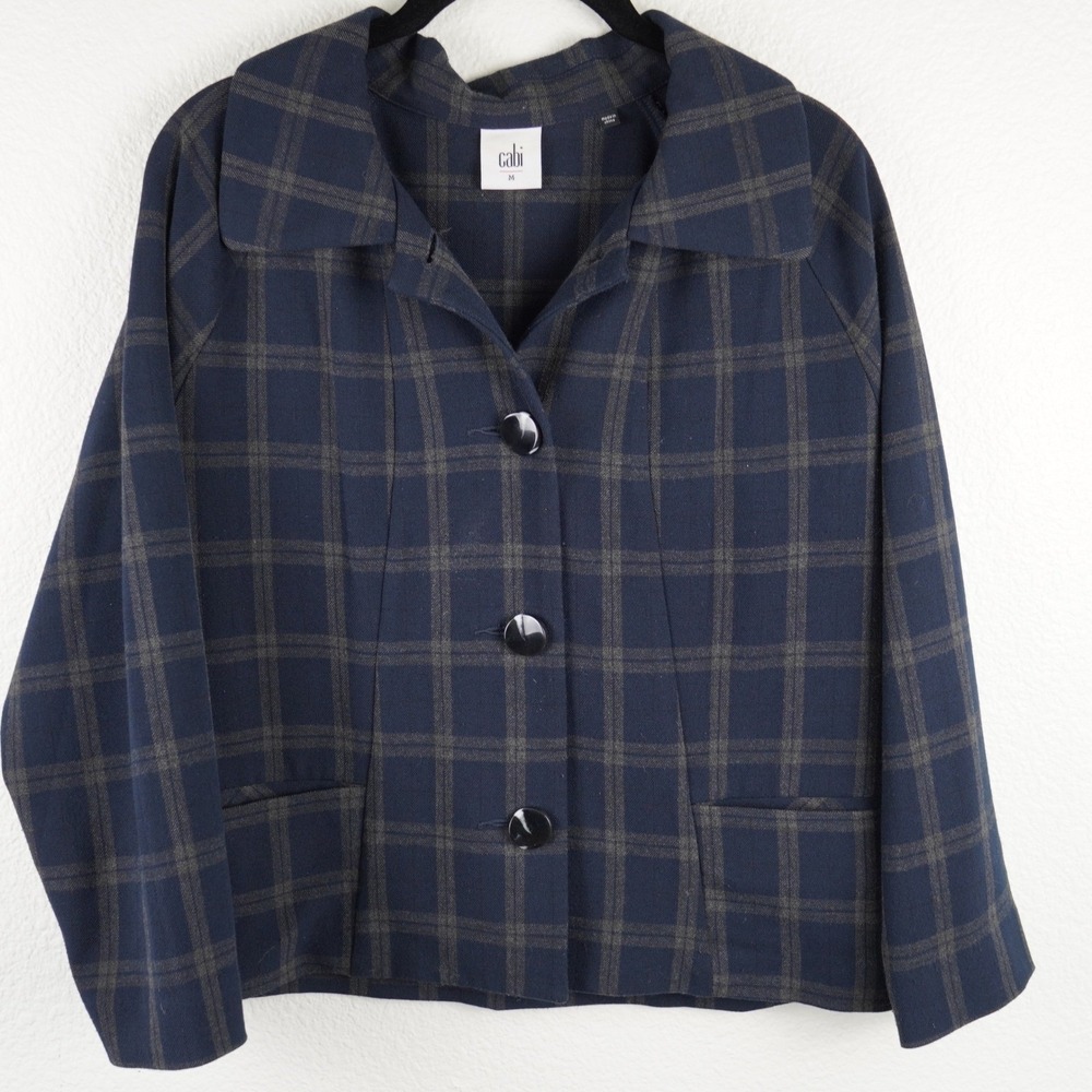 Cabi Connery Plaid Blazer Jacket Navy Khaki Wool Pockets Womens M Academia